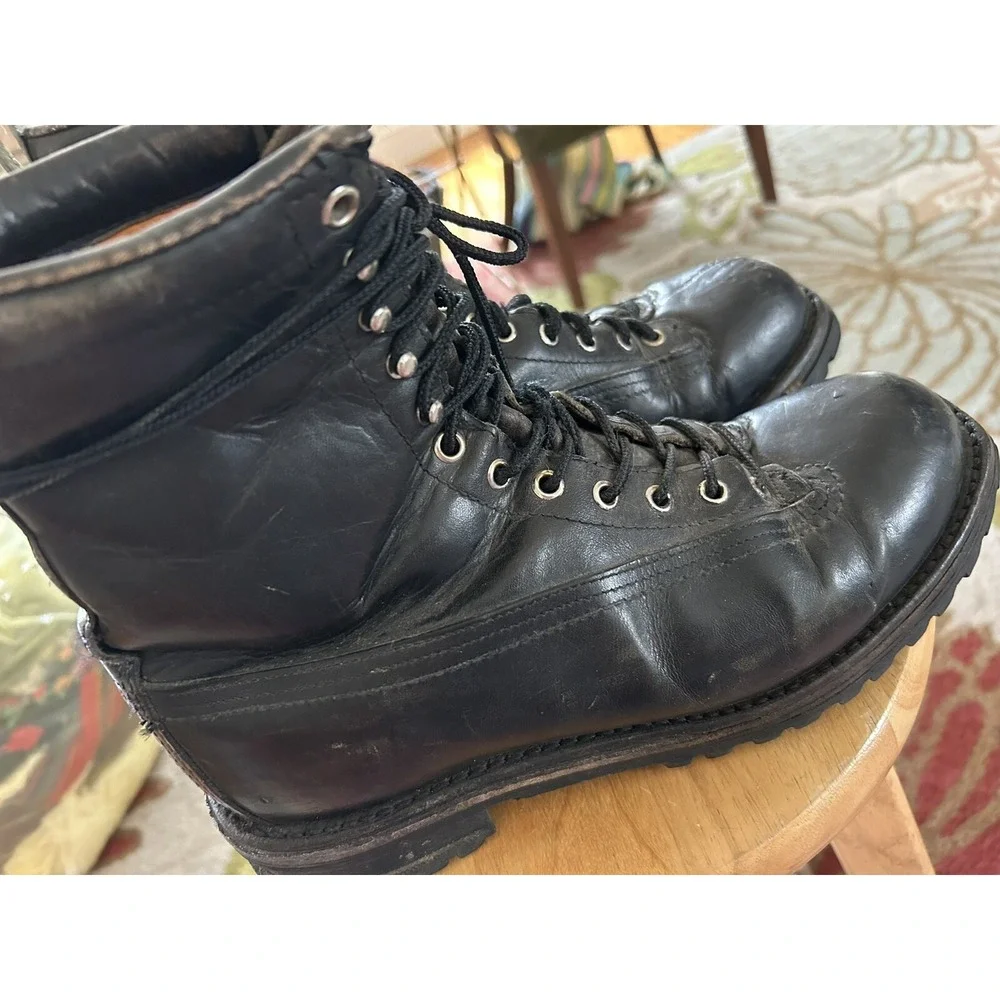 Linesman Logger Mens 10 Black Leather Lace Up Lineman Vtg Steel Toe Work Boot